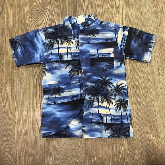 RJC Boys Youth Hawaiian Button-Up Shirt Short Sleeve Palm Trees Blue Size 12 - Picture 1 of 4